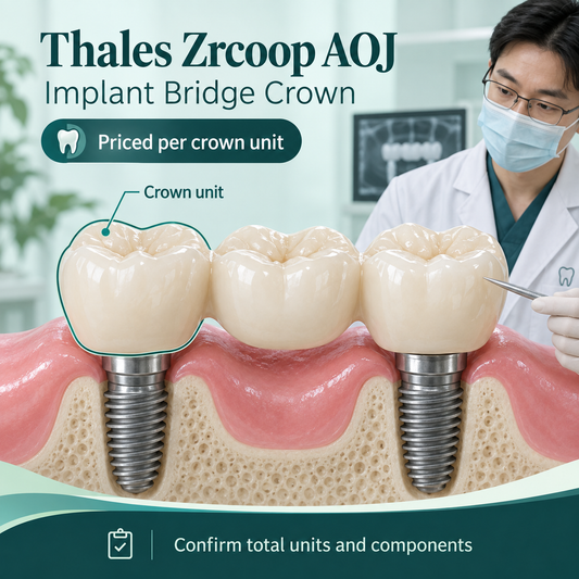 A highlighted crown unit within an illustrative implant-supported bridge. Educational illustration.