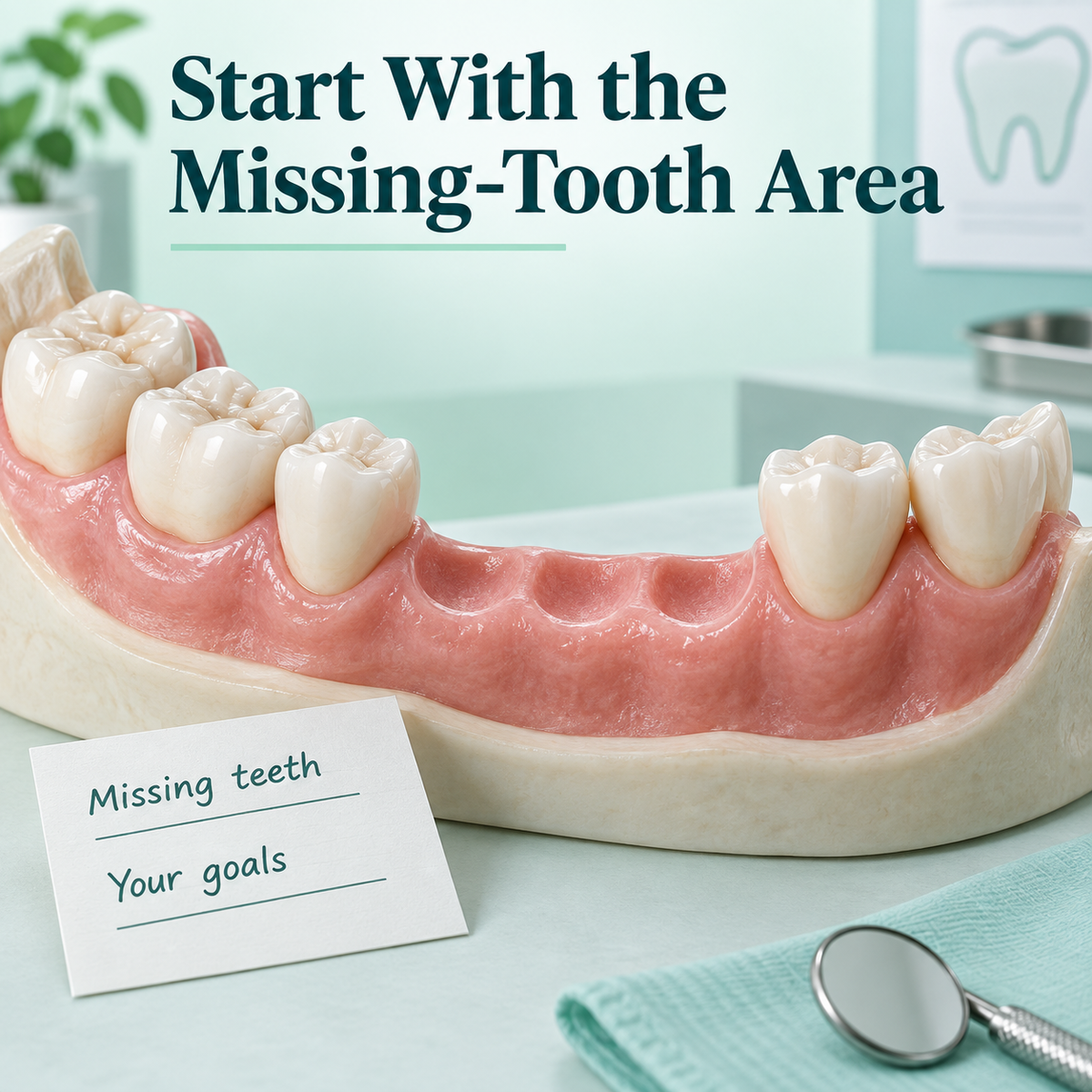 A clinician assesses an area with several adjacent missing teeth. Educational illustration.