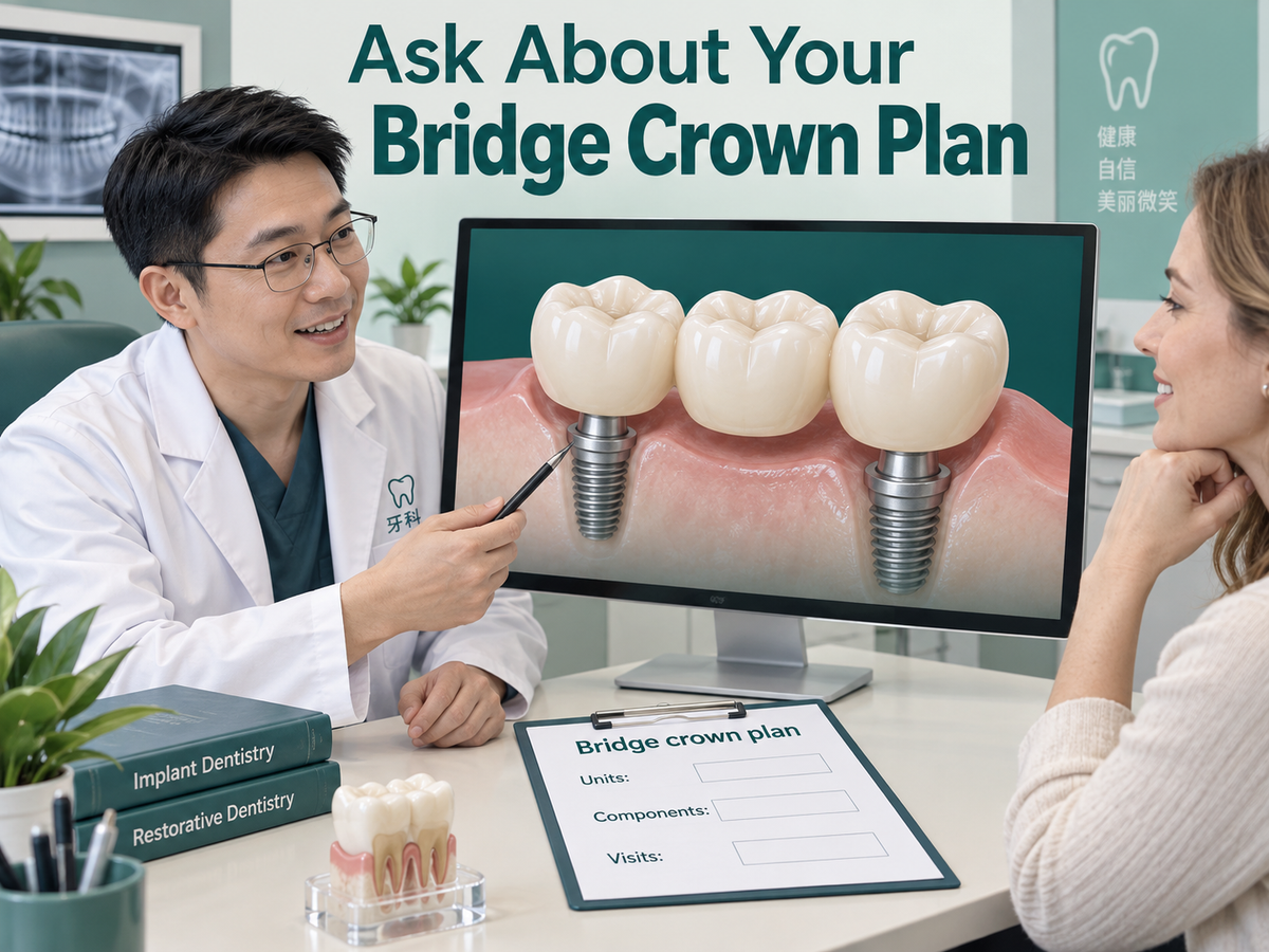 A Chinese dentist discusses crown units, implant support and the complete quotation. Educational illustration.