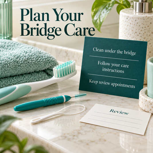 Cleaning tools and a review plan support continuing bridge care. Educational illustration.
