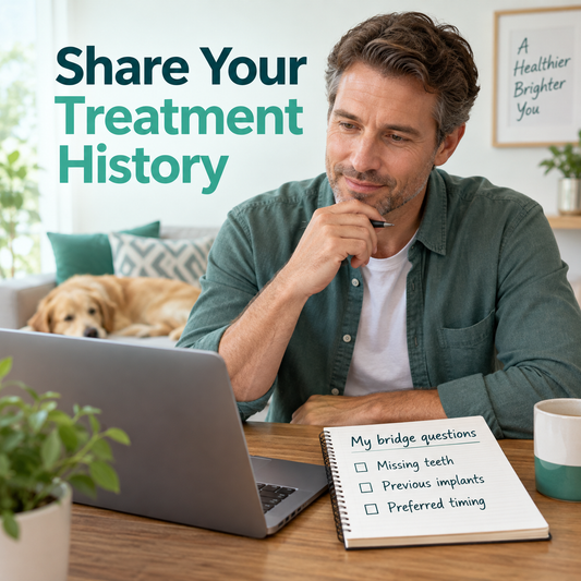 A patient prepares missing-tooth and implant-history questions. Educational illustration.