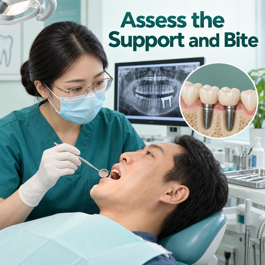 A Chinese dentist reviews implant support and clinical suitability. Educational illustration.