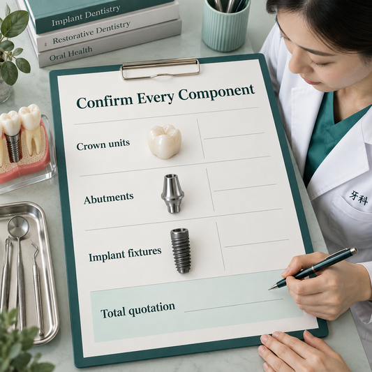 The written plan separates crown units, abutments and fixtures. Educational illustration.