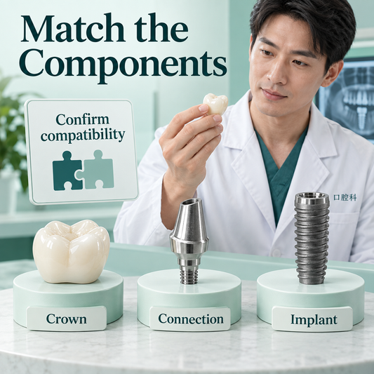 The implant system and connection must match the restoration. Educational illustration.