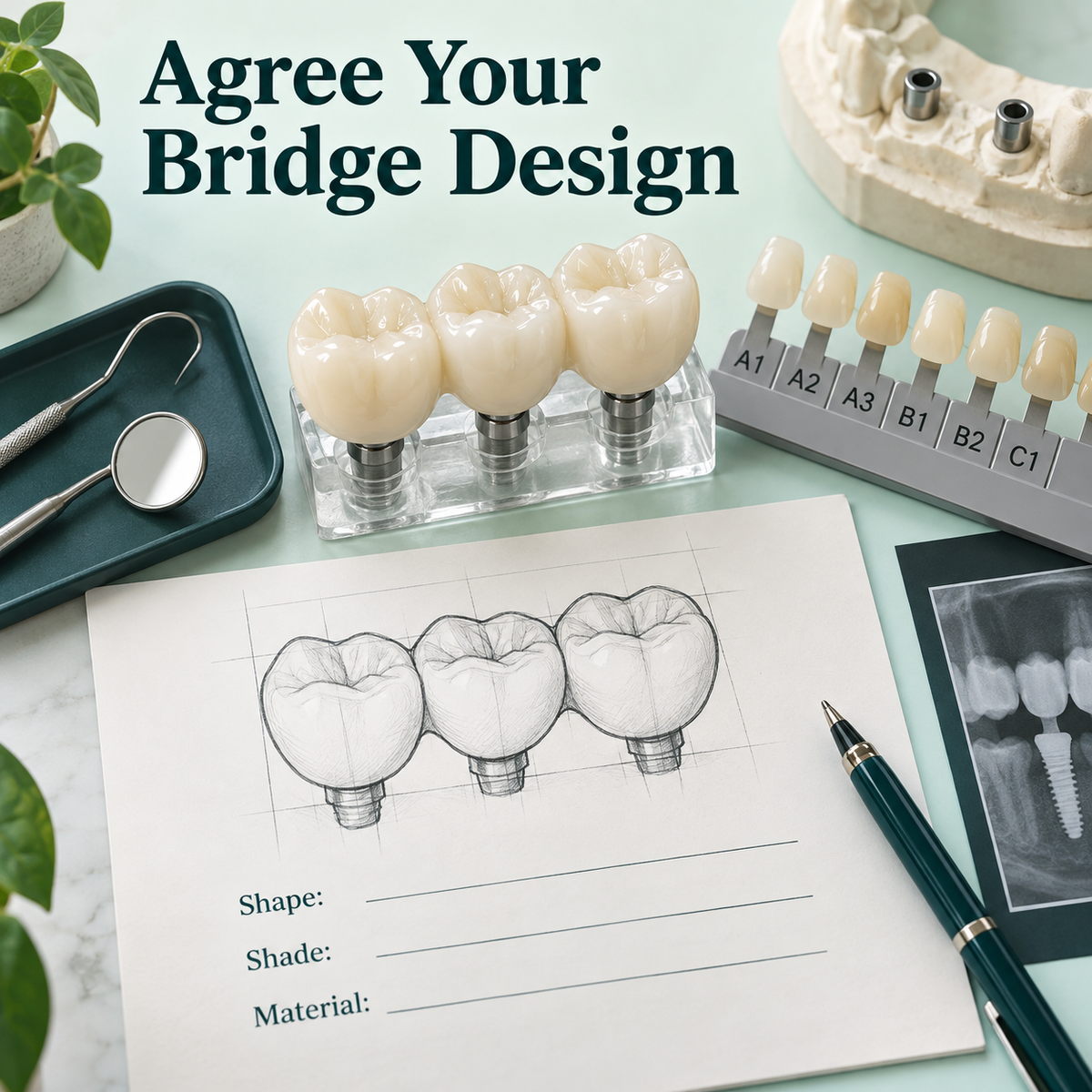The bridge design specifies shape, shade and material. Educational illustration.
