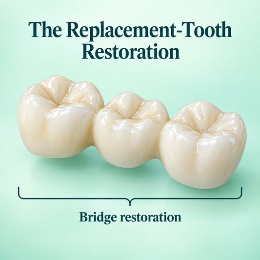 The joined crown units form the bridge restoration. Educational illustration.
