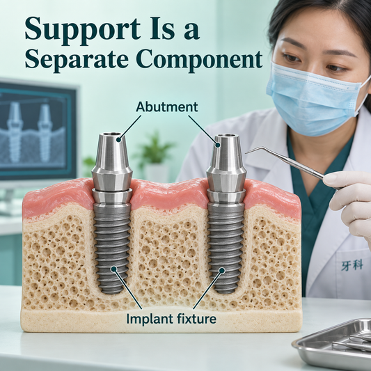 Implant fixtures and abutments support the bridge independently of crown-unit pricing. Educational illustration.