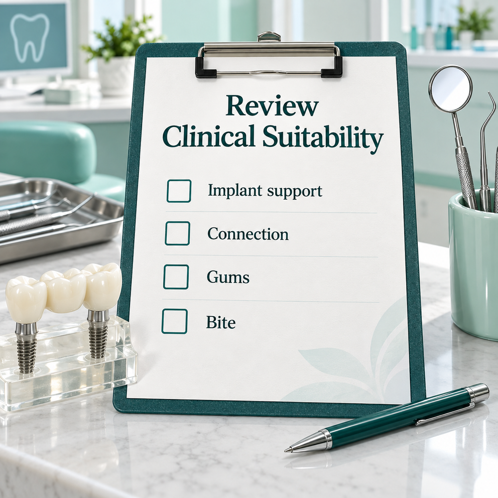 Assessment confirms support, compatibility and bite. Educational illustration.