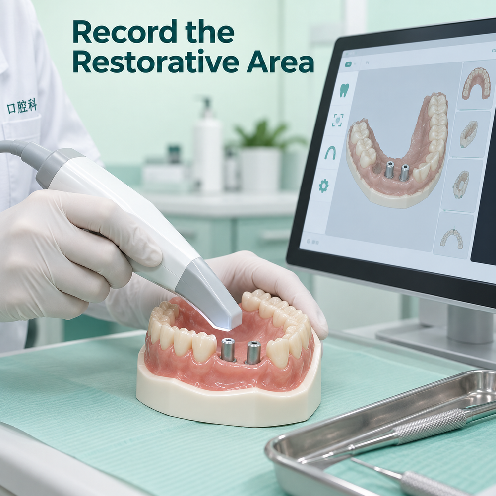 An intraoral scan records the restorative area. Educational illustration.