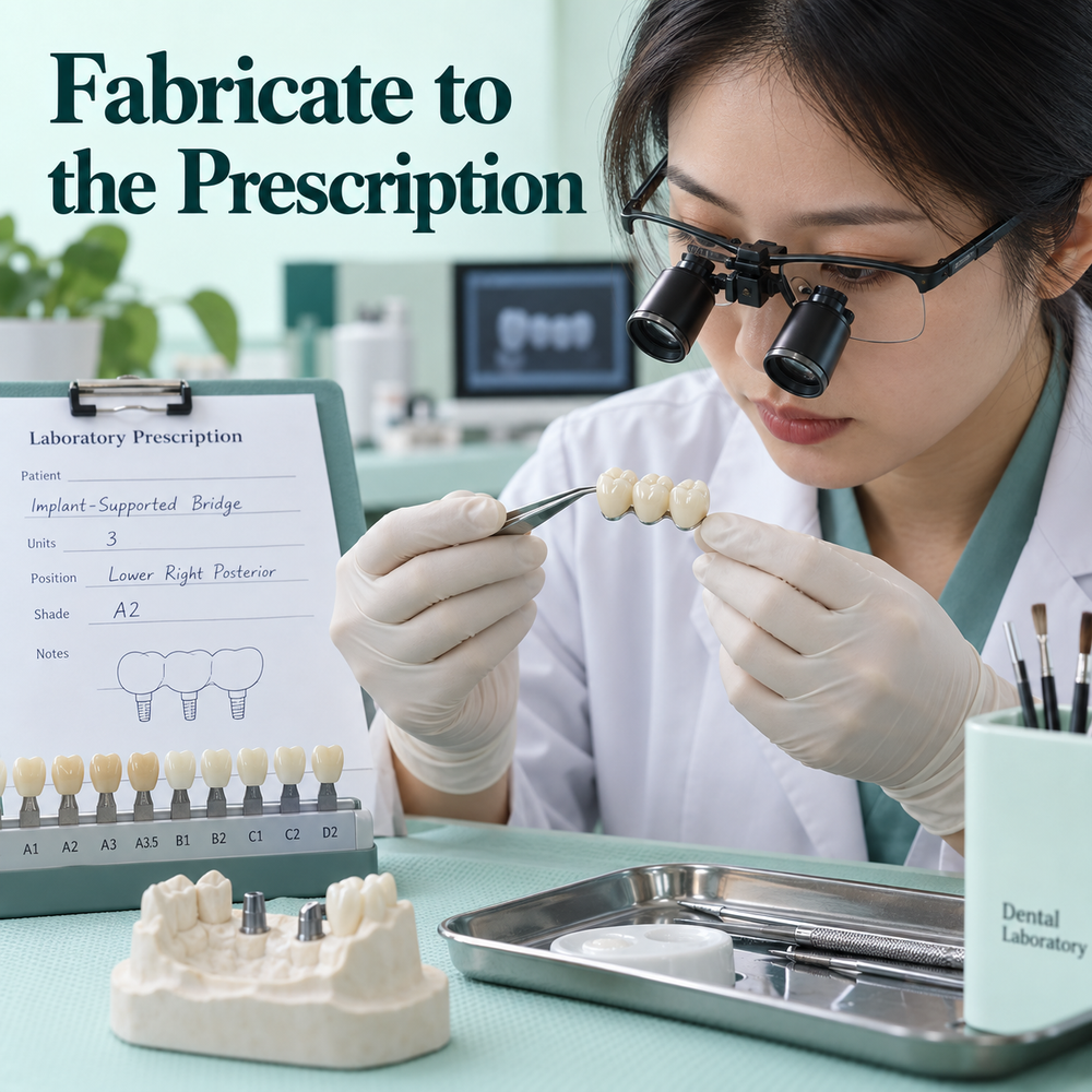 A Chinese dental technician checks laboratory fabrication. Educational illustration.