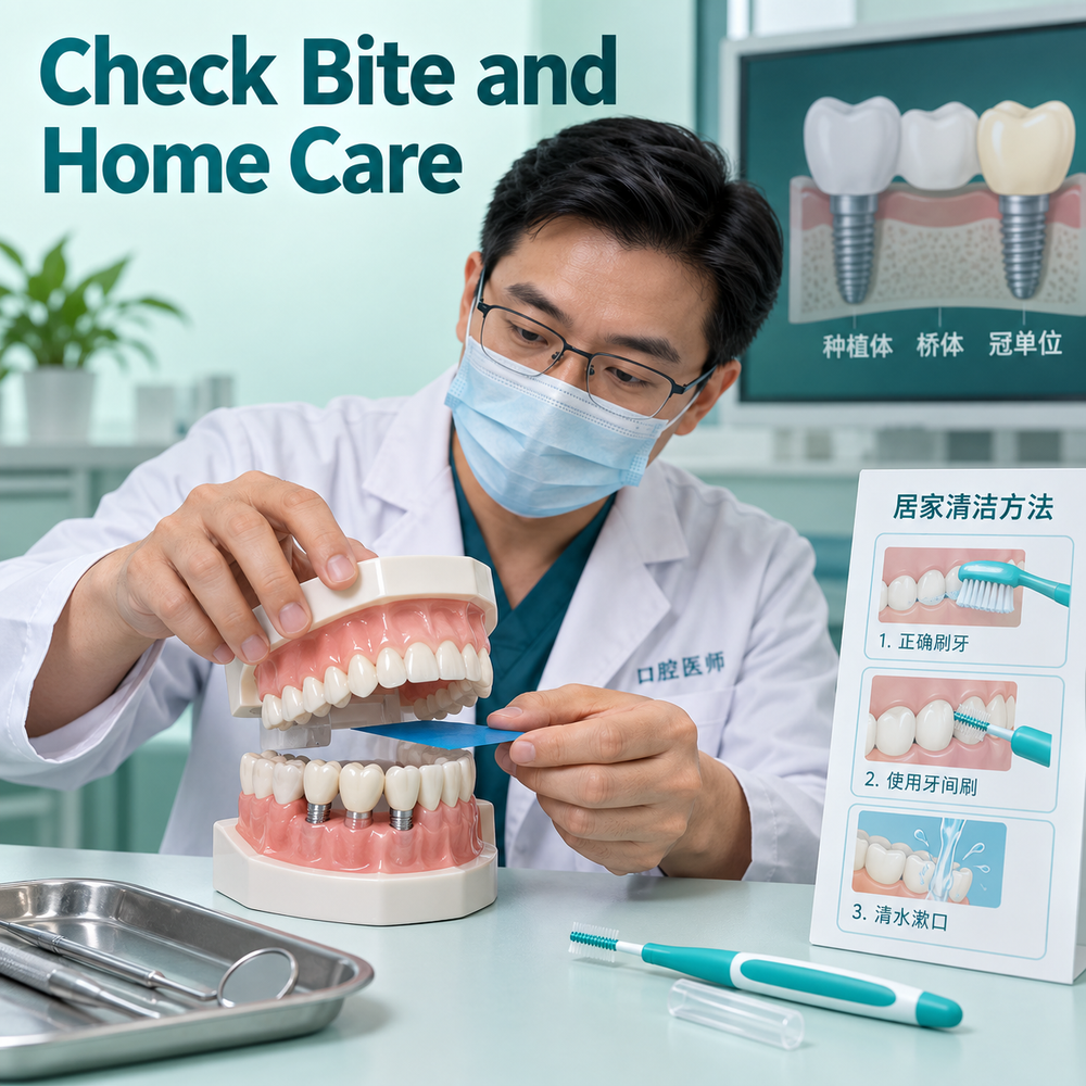 Bite checks and home-care guidance follow fitting. Educational illustration.