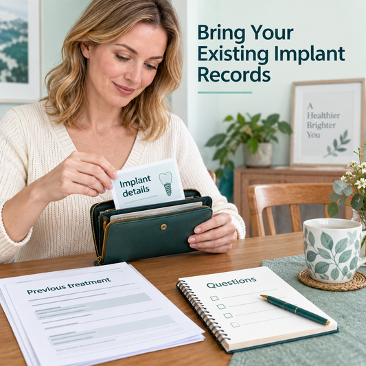 Existing implant records and questions are prepared before treatment. Educational illustration.