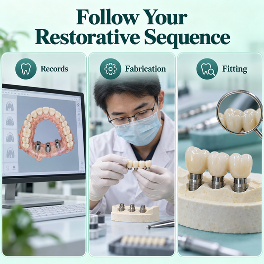 The restorative sequence connects records, laboratory fabrication and fitting. Educational illustration.