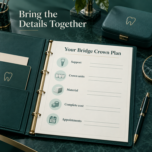 The final plan brings crown units, components, cost and visits together. Educational illustration.