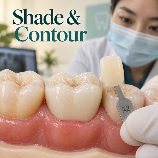 Shade and contour — educational illustration for a Chinese-made implant crown restoration.