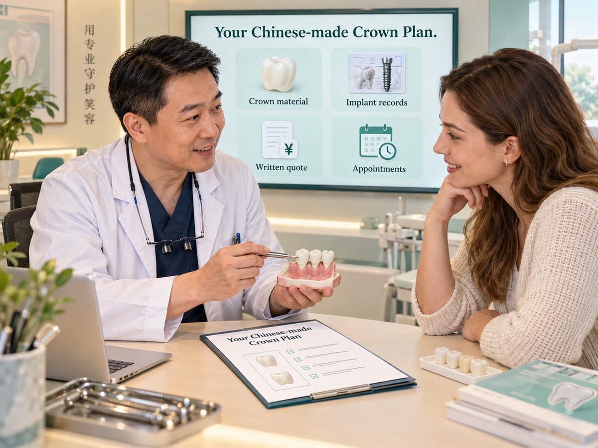 Illustrative Chinese dentist and international patient discussing a Chinese-made crown plan, implant records, quote and visits.