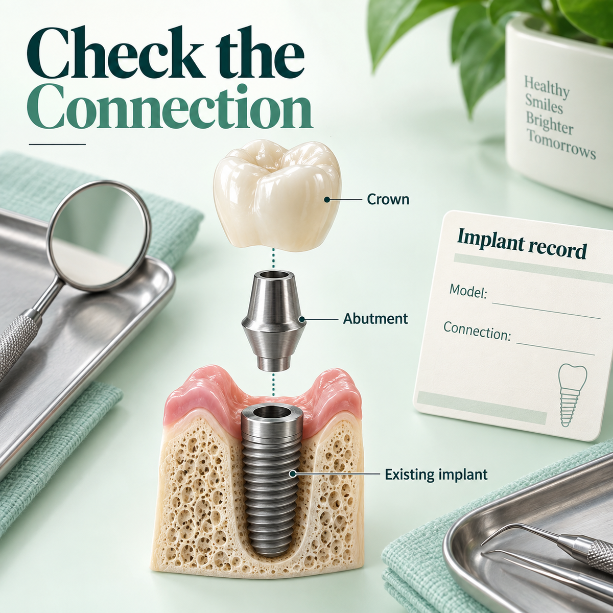 Compatibility with your implant — educational illustration for a Chinese-made implant crown restoration.