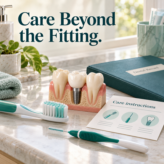 Everyday cleaning and care — educational illustration for a Chinese-made implant crown restoration.