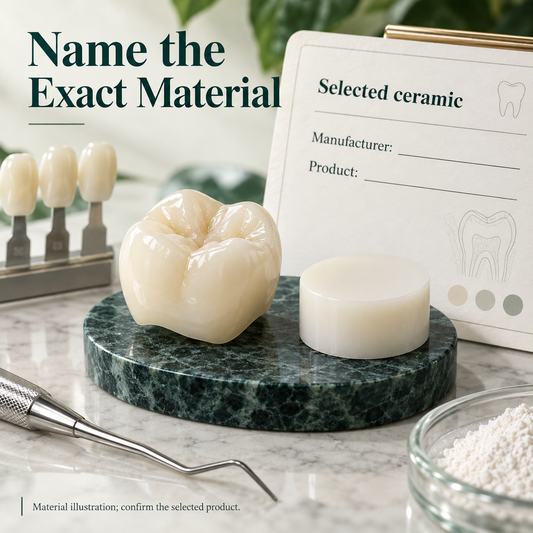Identify the exact Chinese-made material — educational illustration for a Chinese-made implant crown restoration.