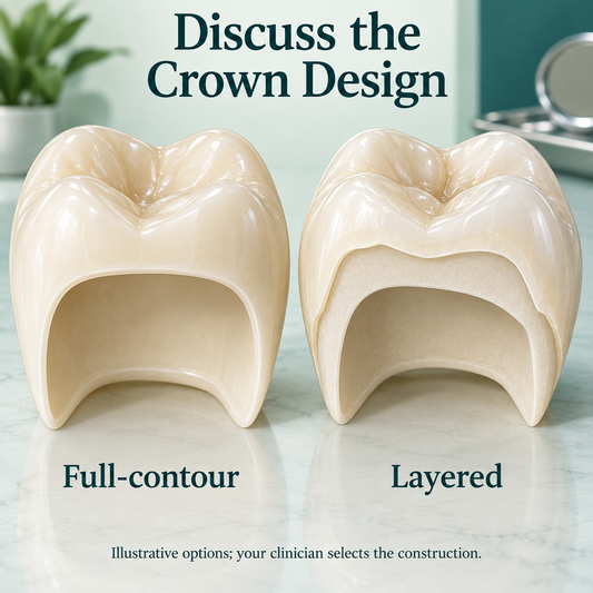 Discuss crown construction — educational illustration for a Chinese-made implant crown restoration.