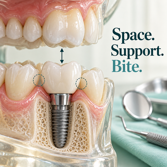 Space and support — educational illustration for a Chinese-made implant crown restoration.