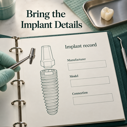Implant records and connection — educational illustration for a Chinese-made implant crown restoration.