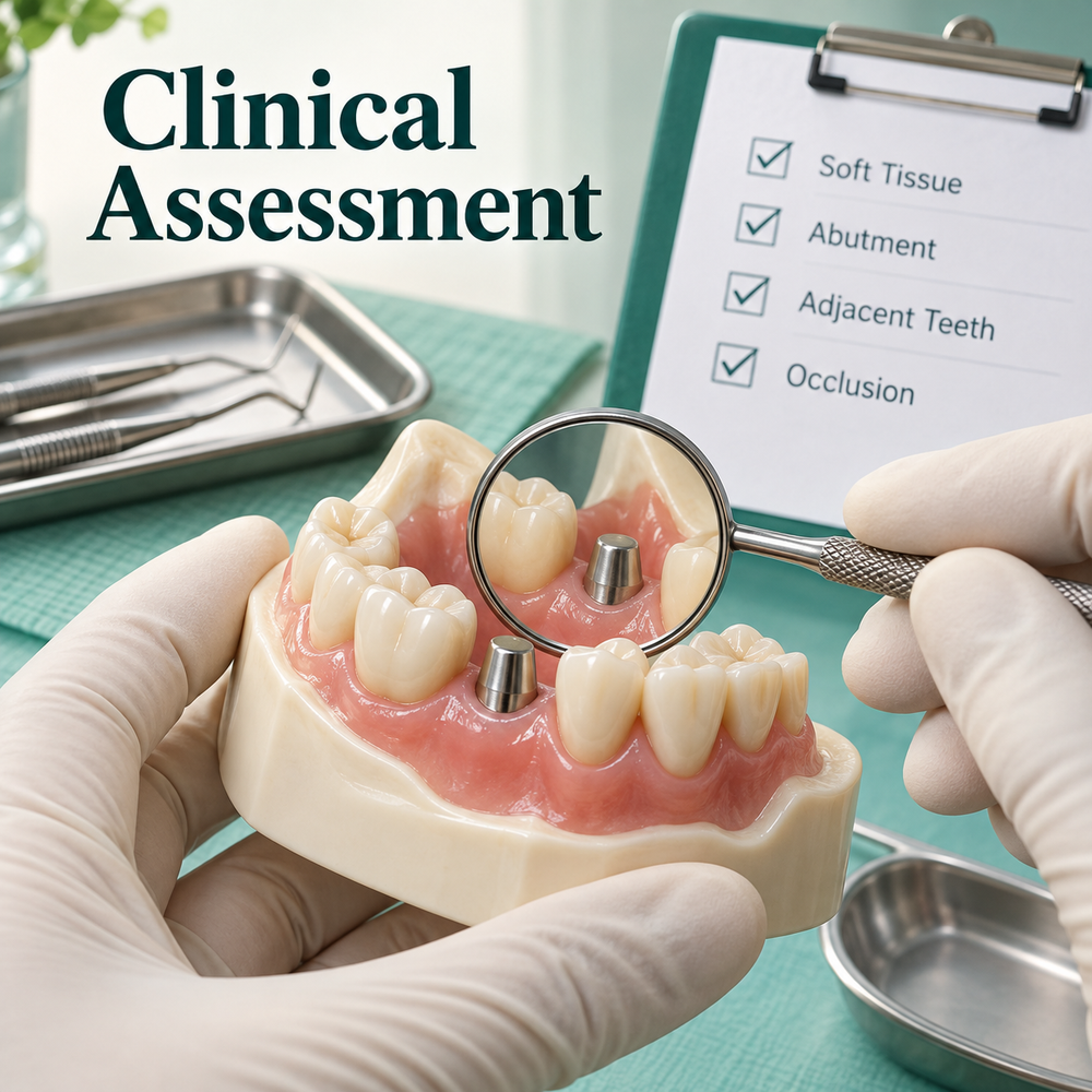 Clinical assessment — educational illustration for a Chinese-made implant crown.