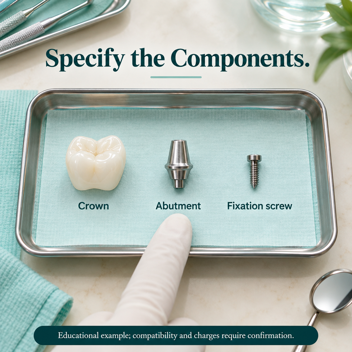 Connecting components — educational illustration for a Chinese-made implant crown restoration.