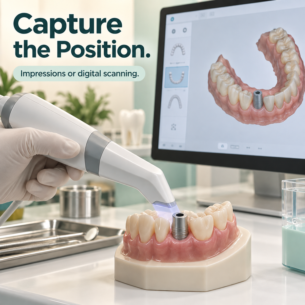 Impressions or digital scanning — educational illustration for a Chinese-made implant crown.