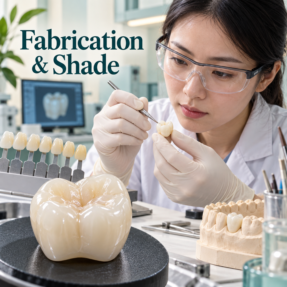 Crown fabrication — educational illustration for a Chinese-made implant crown.
