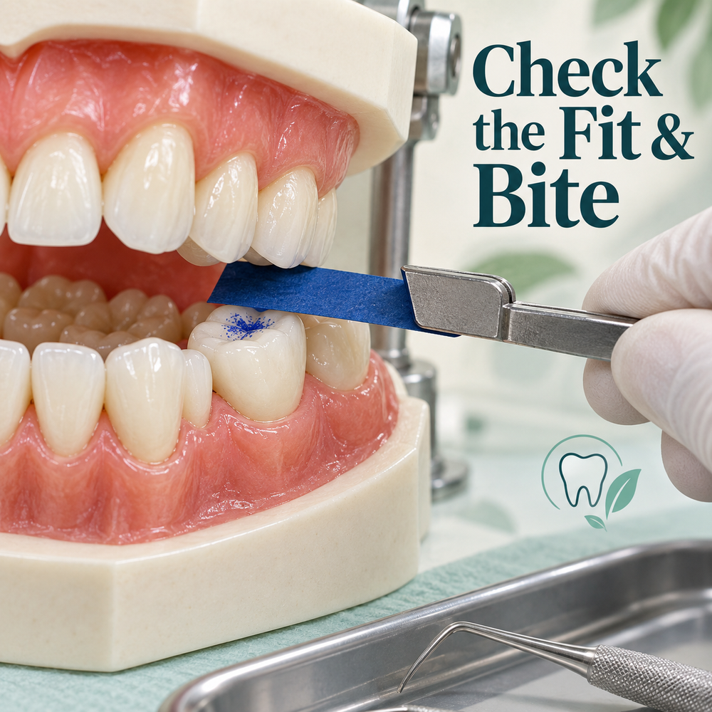 Fitting and bite checks — educational illustration for a Chinese-made implant crown.