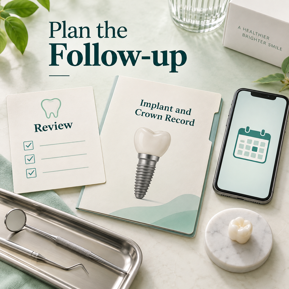 Reviews and continuing care — educational illustration for a Chinese-made implant crown.