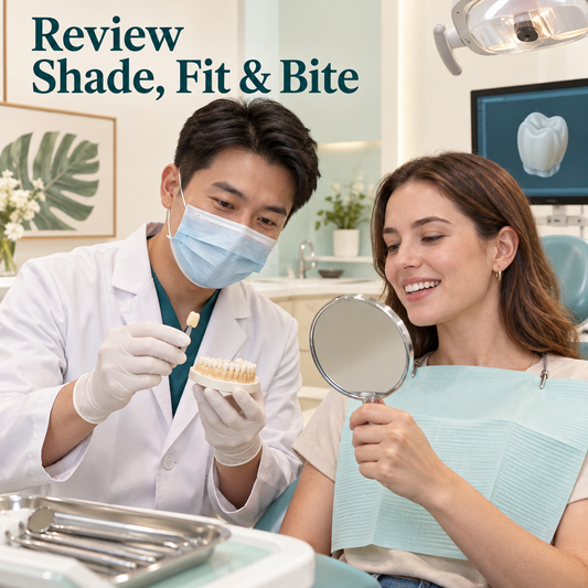 At the fitting — educational illustration for a Chinese-made implant crown restoration.