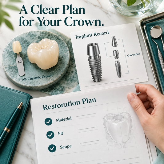 Bring appearance fit and scope together — educational illustration for a Chinese-made implant crown restoration.