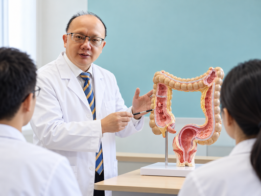 AI illustration based on Professor Hui Wang's portrait: Chinese clinicians discussing colorectal anatomy in an educational setting.