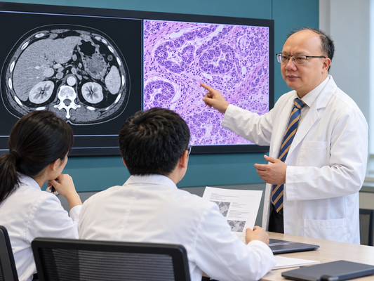 AI illustration based on Professor Hui Wang's portrait: Chinese colleagues reviewing imaging and pathology.