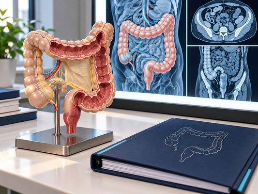 AI illustration of a colorectal anatomy model and assessment materials for surgical learning.