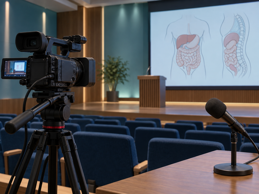 AI illustration of a camera and microphone facing an empty educational forum stage.