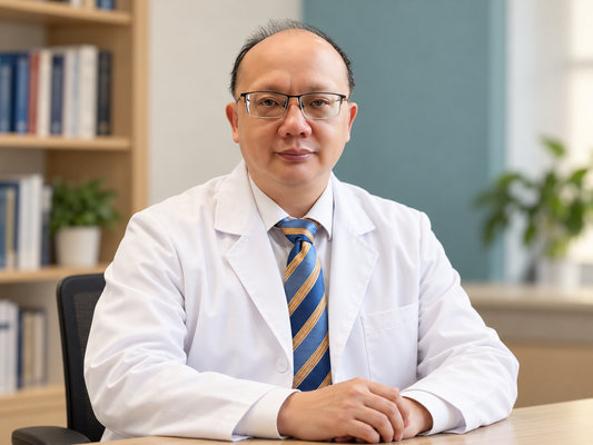 AI portrait based on the supplied photograph of Professor Hui Wang, wearing glasses, a white coat and striped tie.