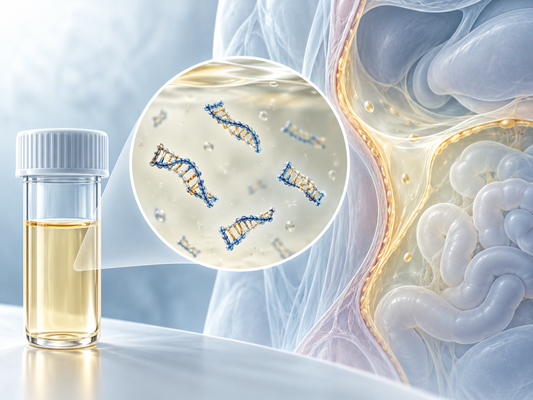 Conceptual AI illustration of peritoneal fluid sampling and cell-free DNA fragments, not an original study figure.