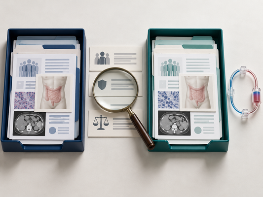 Conceptual AI illustration of two study cohorts and bias review for a CRS with or without HIPEC comparison.