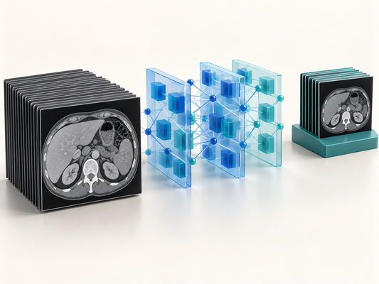 Conceptual AI illustration of abdominal image inputs, a learning model and separate validation images.