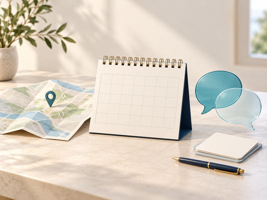 AI illustration of an unmarked calendar, map pin and speech bubbles for timing, location and language planning.
