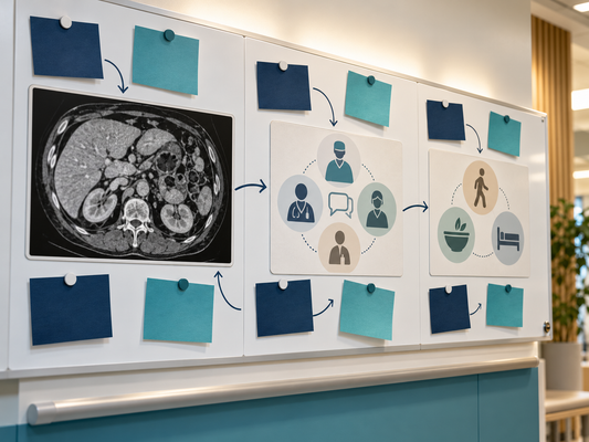 AI illustration of imaging, multidisciplinary review and recovery questions on an institutional learning board.