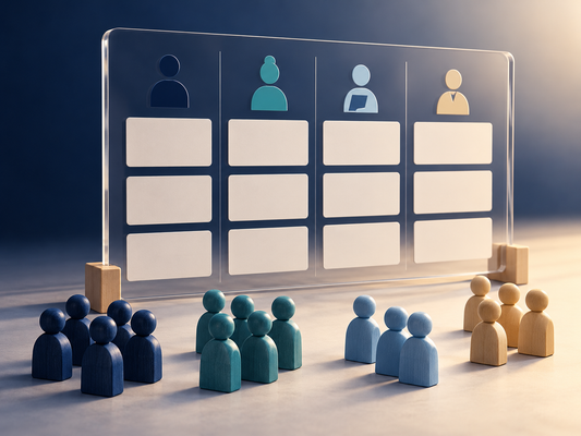 AI illustration of a team learning-needs matrix with grouped role markers.