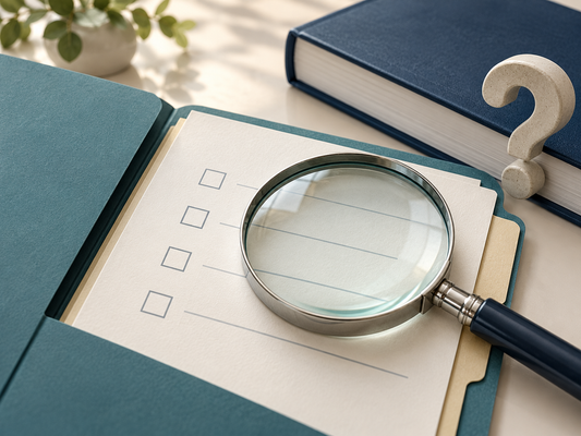 AI illustration of an unchecked learning record and magnifying glass for verifying certificate or credit details.