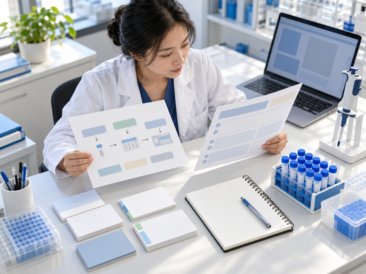 AI educational illustration of a Chinese researcher reviewing a study design and sample-analysis workflow.