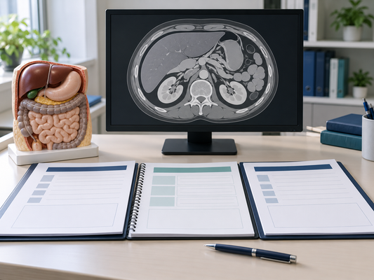 AI educational illustration of abdominal assessment teaching imagery, an anatomy model and assessment worksheets.