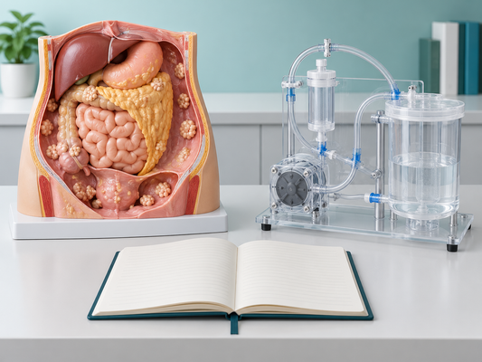 AI conceptual teaching models illustrating peritoneal disease and HIPEC equipment, not an operating diagram.