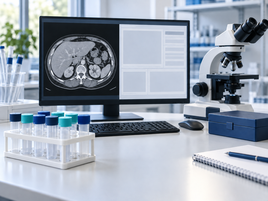 AI conceptual research workspace with sample tubes, abdominal teaching imagery and a microscope.